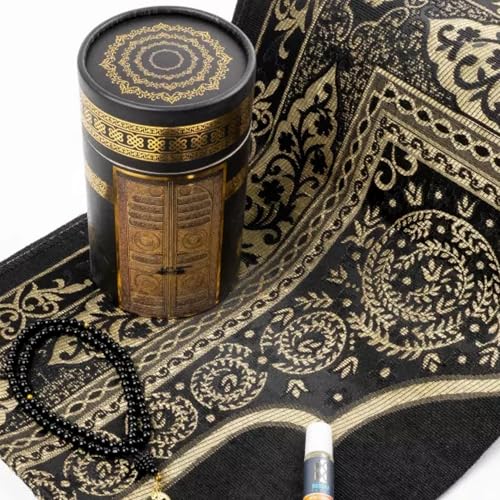 Islamic Prayer Rug 4 Pcs Gift Set with Kaaba Design Box | Sajadah, Tasbih, Perfume | Suitable for Ramadan, Eid, Travel, or Home (Black, Standart) - color: Black