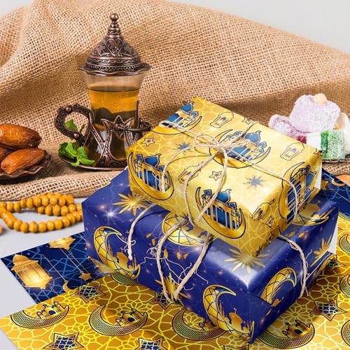 WGOCAUK 12 Sheets Eid Mubarak Wrapping Paper, 20x27in Moon Star Words Lantern Patterns Gift Wrap Paper Ramadan Kareem Wrapping Paper for Mubarak Party Gift Wrapping Supplies (Blue) - color: Blue