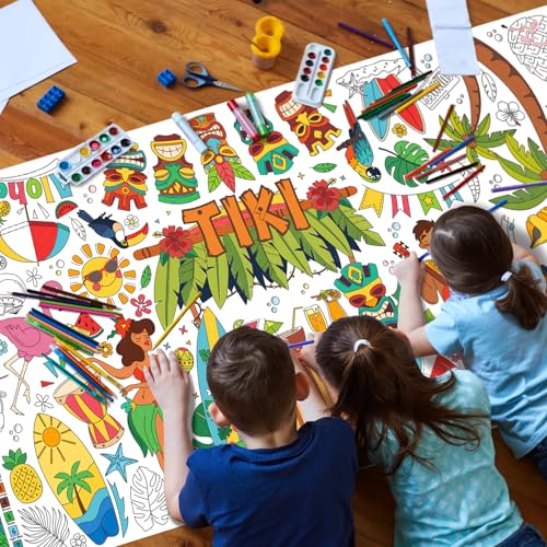Gatherfun Hawaiian Luau Party 자이언트 컬러링 식탁보, 80.9 x 182.9cm(31.5 x 72인치), 하와이안 파티 장식, 티키 파티 장식, 학교 파티용 컬러링 테이블 커버 - style: TIKI