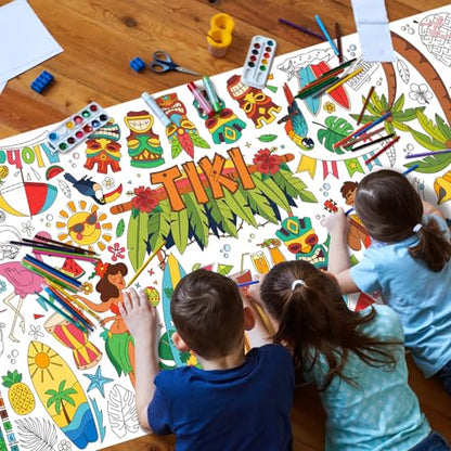 Gatherfun Hawaiian Luau Party 자이언트 컬러링 식탁보, 80.9 x 182.9cm(31.5 x 72인치), 하와이안 파티 장식, 티키 파티 장식, 학교 파티용 컬러링 테이블 커버 - style: TIKI