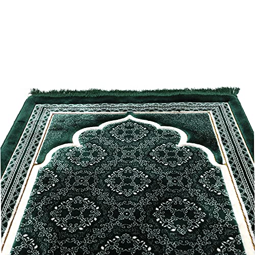Modefa Turkish Islamic Prayer Rug - Soft Velvet Janamaz Praying Carpet - Comfortable Muslim Praying Mat for Men & Women - Ramadan or Eid Gift - with Kufi Prayer Cap - Elegant Swirl (Green #2) - color: Green #2