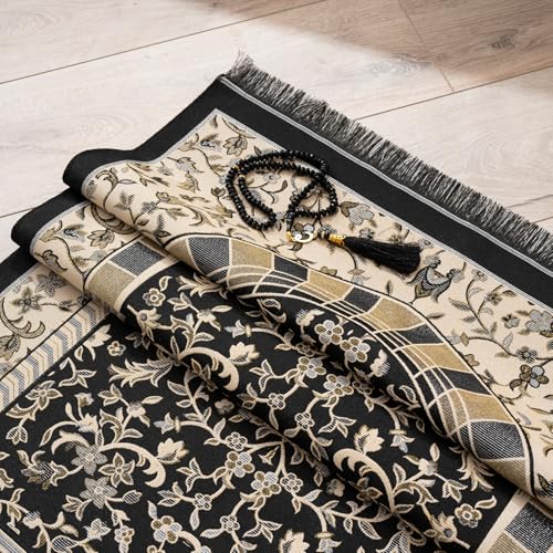 Muslim Prayer Rug with Islam Prayer Beads - Travel Prayer Mat, Islamic Gifts for Women, Portable Prayer Matt Islam, Islamic Prayer Rug Islam Men Women, Praying Mat for Muslim Gifts, Black - color: Black