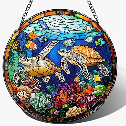 Stained Glass Window Hanging, Stained Glass Suncatcher Sea Turtle Decor, 8" Coral Reef Ocean Window Hanging Ornament | Sea Turtle Gifts, Valentine, Birthday Gifts for Friends, Women, Men, Mom - color: Sea Turtle