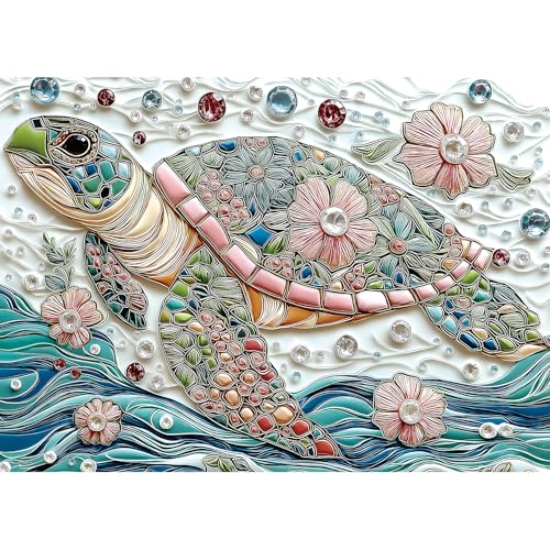 1000 Piece Puzzle for Adults Sea Turtle Ocean Mosaic Mbroidery with Vibrant Gem Floral Jigsaw Puzzle Colorful Beautiful Underwater Sea Puzzle with Letters on Back for Game Night - color: Mosaic Turtle