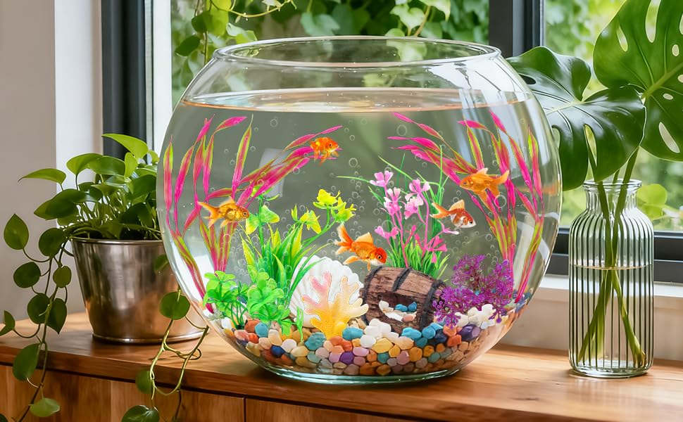 QUOZUO Small Fish Broken Barrel Decor Fish Tank Decorations Aquarium Accessories Plants Plastic Resin Barrel and Coral Hideout Ornaments Aquarium Decor Set 8 Pieces
