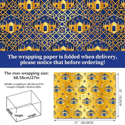 WGOCAUK 12 Sheets Eid Mubarak Wrapping Paper, 20x27in Moon Star Words Lantern Patterns Gift Wrap Paper Ramadan Kareem Wrapping Paper for Mubarak Party Gift Wrapping Supplies (Blue) - color: Blue