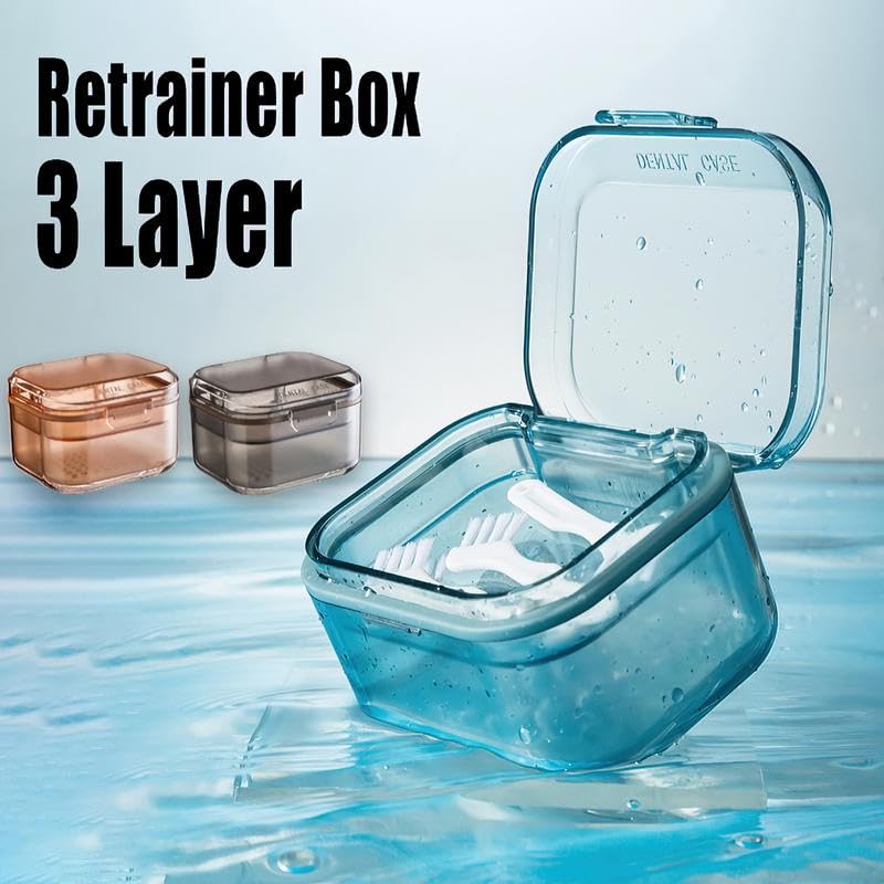 3-Layer Retainer Storage Box, Denture Case with Lid, Portable Mouth Guard Container Tooth socket storage case holder box Immersion box (Blue) - color: Blue