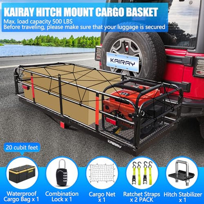KAIRAY 500 Lbs Heavy Duty Hitch Mount Cargo Carrier 60"x24"x14.4" Folding Rear Luggage Rack Basket Fits 2" Receiver for Car SUV Camping Traveling with Stablizer Waterproof Bag Net Ratchet Straps Lock - color: Black, size: Cargo Bag + Hitch Cargo Basket -