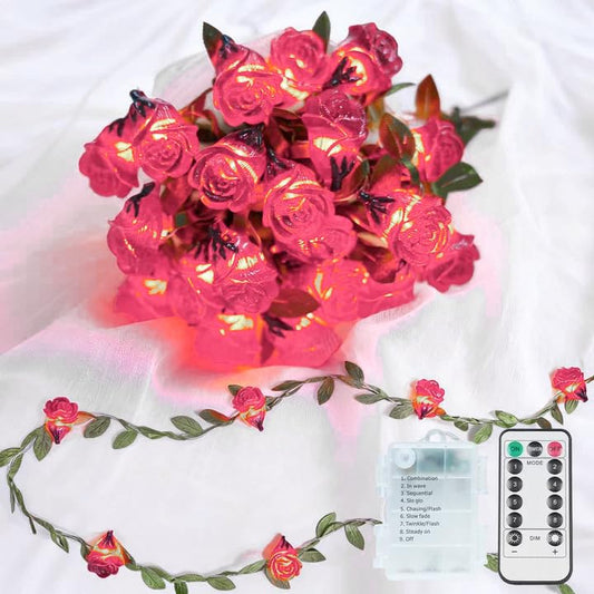 suddus 12.5FT Pink Rose Flower String Lights Battery Powered with Remote - color: Pink Rose with Vines