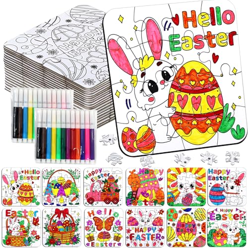 24 Pcs Easter Crafts Puzzle for Kids Ages 4-8, Easter Activities Arts DIY Jigsaw with Egg Bunny Basket Flower, Spring April Craft for Party Favors Gifts Christian Classroom Coloring Games Toy Bulk - color: Easter Colorful