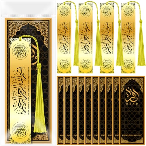 Resurhang 10 Sets Eid al-Adha Mubarak Gifts Islamic Metal Bookmarks Bulk with Cards Hajj Quran Markers Gold Stainless Steel Tassels Muslim Religious Party Favors Men Women