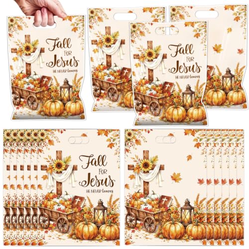 Falueqg Fall Goodie Bags - Fall for Jesus He Never Leaves Goodie Candy Gift Bags Autumn Christian Religion Pumpkin Party Supplies for Christian Religious Harvest Thanksgiving Party - color: Religious Fall