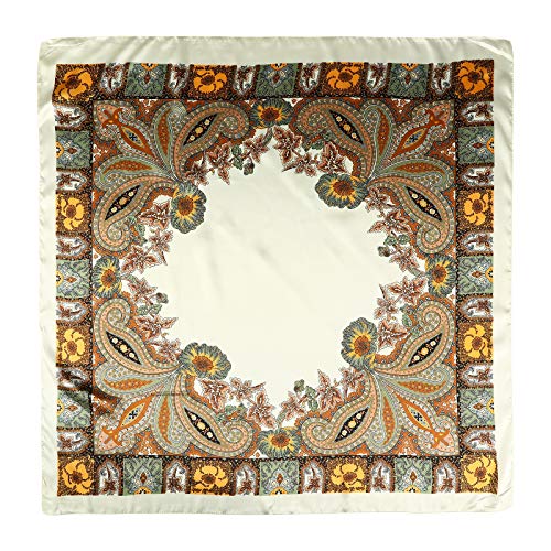 AWAYTR 35” Large Satin Square Head Scarf - 2Pcs Silk Like Floral Head Scarves Square Satin Hair Scarf Bandanas for Women - color: Cashew(black/Beige)