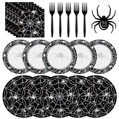 96 Pcs Halloween Plates and Napkins Set - Black Spider Webs Dinner Dessert Paper Plates Cocktail Napkins Forks Disposable Tableware for Spiderweb Halloween Party Decorations Supplies Favors, Serve 24 - style: Halloween
