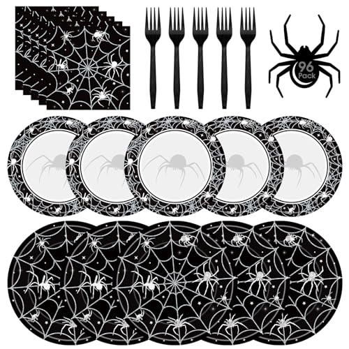 96 Pcs Halloween Plates and Napkins Set - Black Spider Webs Dinner Dessert Paper Plates Cocktail Napkins Forks Disposable Tableware for Spiderweb Halloween Party Decorations Supplies Favors, Serve 24 - style: Halloween