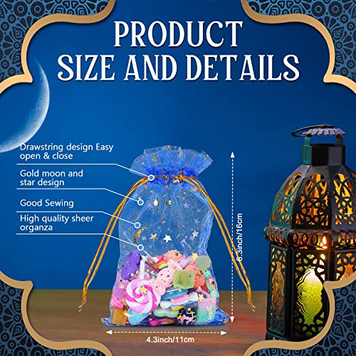 Shappy 50 Pieces Eid Mubarak Favor Moon Star Organza Bags Drawstring Sheer Mesh Latern Muslim Ramadan Tulle Jewelry Candy Gift Pouches for Party Wedding Supplies Decoration gold