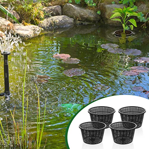 Roshtia 4 Pcs 8.35 Inch Hydroponic Baskets Aquatic Black Plastic Garden Mesh Net Pot Hydroponic Pots Slotted Pond Basket Aquarium Plant Pots for Lily Nursery Grow Planting Supplies