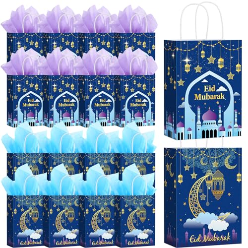 Trandraft 24 Pcs Eid Mubarak Gift Bags with Tissue Paper Ramadan Goodies Happy Eid Treats Bags Muslim Party Favor with Handle for Muslim Supplies Al Fitr Party Decoration(Blue, Purple) - color: Blue, Purple