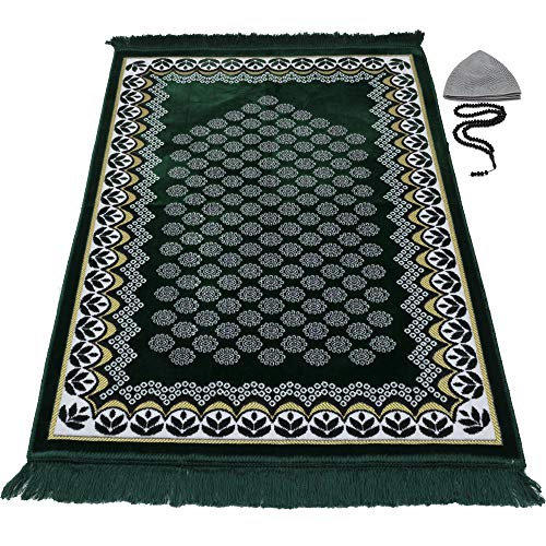 Modefa Turkish Islamic Prayer Rug - Thin & Lightweight Velvet Praying Carpet - Soft Muslim Praying Mat Janamaz - Ramadan or Eid Gift for Men & Women - with Car Hanger - Vined Arch (Daisy Green) - color: Daisy Green