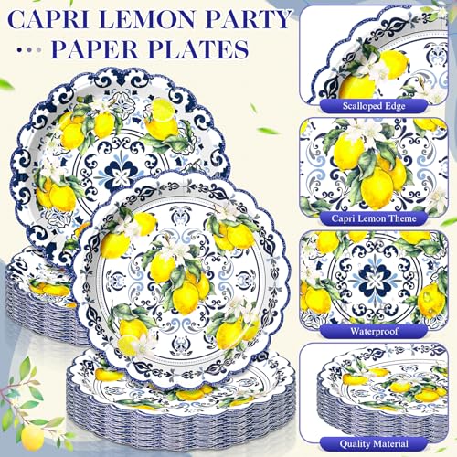 Funnymoom 96 Pieces Capri Lemon Tableware Set for 48 Guests Include 48 Pcs 7 Inch Dessert Plates and 48 Pcs Napkins Watercolor Disposable Dinnerware for Summer Birthday Holiday Tea Party Supplies - style: Lemon
