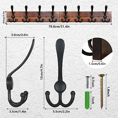 IBosins Wall Mounted Coat Rack, 31-2/5'' Long, Entryway Hanging Rack, Metal Wood Coat Hooks Rack with 8 Black Rustic Tri-Hooks Rail for Coat, Bag, Towel, Key, Hat, Umbrella - color: Brown