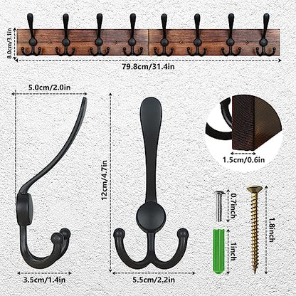 IBosins Wall Mounted Coat Rack, 31-2/5'' Long, Entryway Hanging Rack, Metal Wood Coat Hooks Rack with 8 Black Rustic Tri-Hooks Rail for Coat, Bag, Towel, Key, Hat, Umbrella - color: Brown