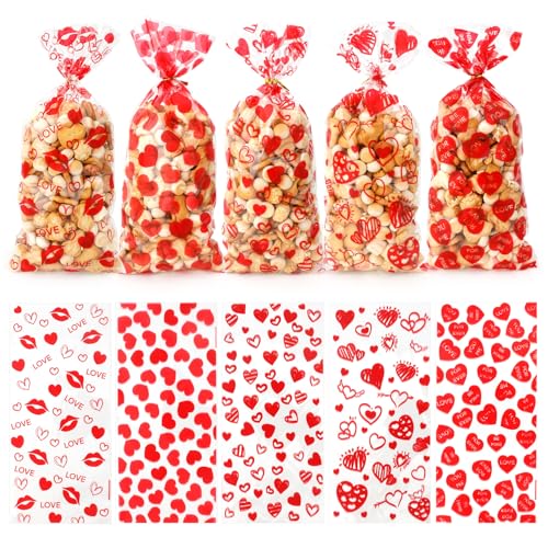 100 PCS Valentines Cellophane Bags(5x11 Inch) with Ties for Candy Goodie Treat Snack Goody Cookie Small Gifts Wrap Plastic Ziplock Bag Baggies Pouch Valentine Galentine Party Favors Supplies Decor - color: 100 Valentine bags