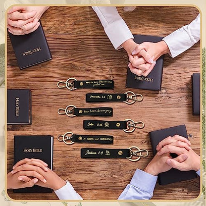 20 Pcs Christian Key Chain Leather Religious Keychain Inspirational Bible Key Chains Verse Quote Keychains Easter Day Gift - color: Black Gold