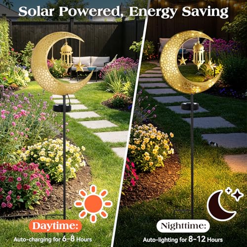 Lewondr 2Pcs Ramadan Solar Lights, Ramadan Decorations Outdoor, Metal Yard Signs LED Eid Decorations Mubarak Star Moon Lantern, Waterproof Solar Garden Stakes Lights for Walkway Lawn Patio - style: Moon and Lantern