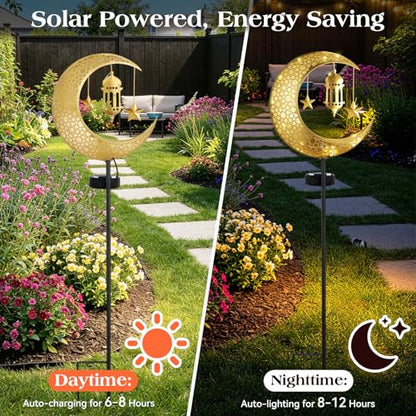 Lewondr 2Pcs Ramadan Solar Lights, Ramadan Decorations Outdoor, Metal Yard Signs LED Eid Decorations Mubarak Star Moon Lantern, Waterproof Solar Garden Stakes Lights for Walkway Lawn Patio - style: Moon and Lantern