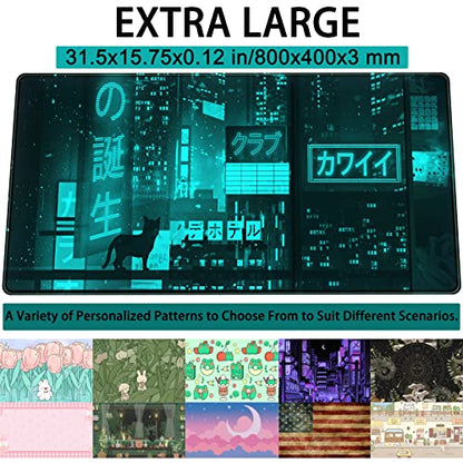 Cyan Green Japanese Desk Mat, Neon Tokyo Extended Mouse Pad Anime Cat Desk Pad, Gaming Mousepad XXL, Large Keyboard Mat for Gamers, Cool Computer Mat for Desk with Stitched Edges 31.5X15.7 in - color: Q-vaporwave Ice Blue City
