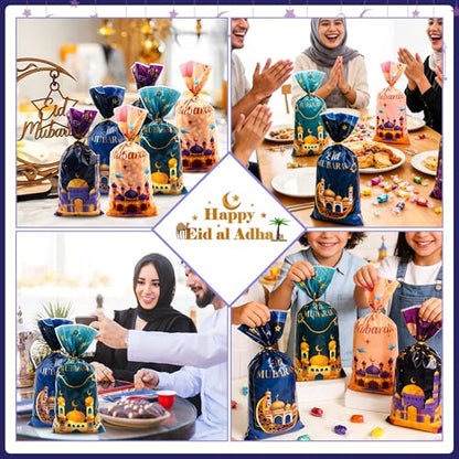 Eid Mubarak Gift Bags, Eid Goodie Bags, Ramadan Goodie Bags, Eid Mubarak Plastic Cellophane Treat Bags Candy Cookie Snack Goody Bag with Ties for Islamic Muslim Eid Mubarak Party Favor Supplies, 50Pcs