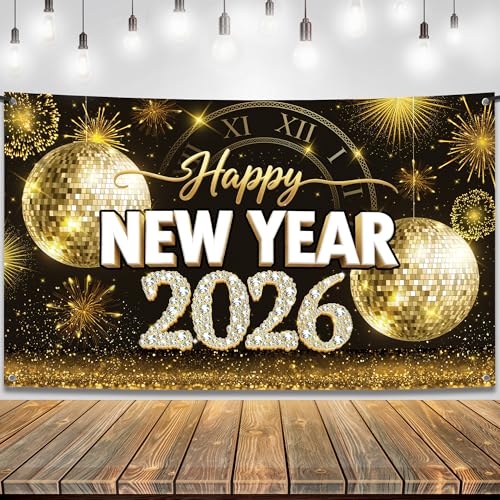 KatchOn, XtraLarge Happy New Year Banner - 72x44 Inch | Gold Happy New Year Backdrop 2026 for New Years Decorations 2026 | NYE Banner for NYE Decorations 2026 | New Years Eve Party Supplies 2026 - color: New Year Gold