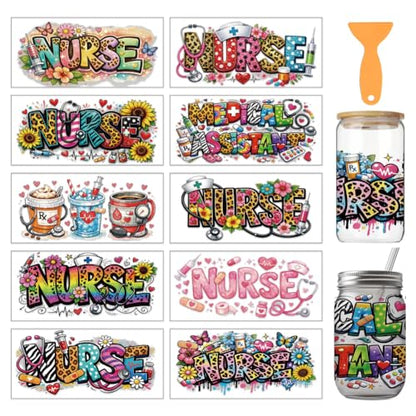 arricraft 10 Sheets Nurses Theme UV DTF Cup Wrap for 16OZ Glass, Large Nurse Images Rub on Decals PVC Transfer Stickers for DIY Cups Window Home Printing Decoration 24x11cm/9.4x4.3inch - style: Nurses Theme