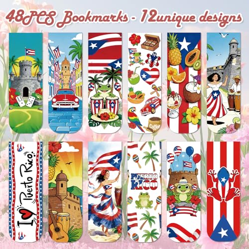 Wxiben Puerto Rico Magnetic Bookmarks - 48 Pcs Puerto Rican Travel Souvenirs Gifts Bookmark Flags Flower Frog Magnets Book Marks Page Clip Favors for Patriotic Latin American Spanish Party Supplies - style: Puerto Rico