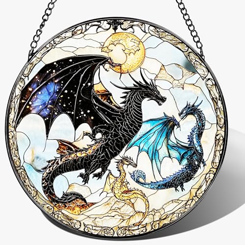 Dragon Stained Glass Window Hanging, 8 Inch Sun Catchers Indoor Window, Suncatchers for Windows Hanging, Home Decor and Christmas, Holiday, Mother's Day, Father's Day, Birthday Gifts for Women, Men - color: Dragon