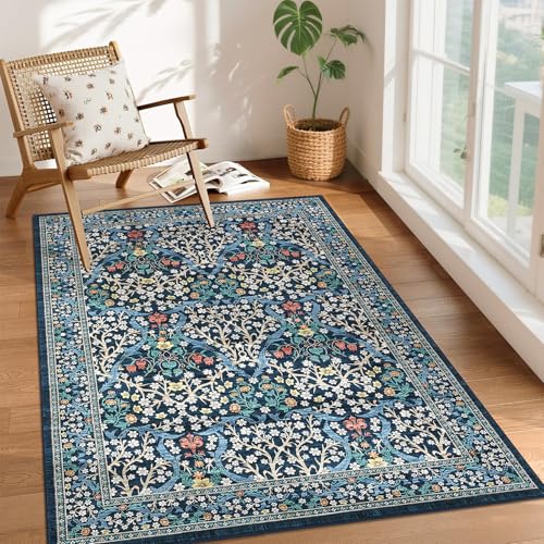GarveeHome Floral 3x5 Area Rugs for Entryway, Washable Kitchen Rug Non Slip, Low Pile Bedroom Rug, Ultra Soft Stain Resistant Small Carpet for Laundry Room, Dark Blue - color: B.blue, size: 3' x 5' (Rectangular)