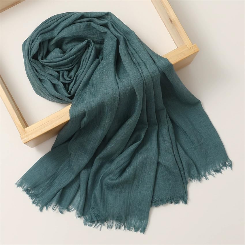 Solid color cotton and linen scarf, wrinkled all season versatile long sunscreen fashionable shawl - color: Ha Blue