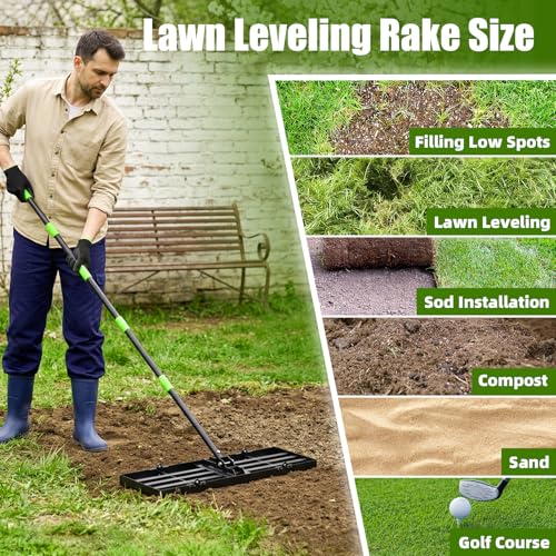 GARDTECH 36×10 Anti-Flip Lawn Leveling Rake,76” Adjustable Handle | Heavy Duty Stainless Steel,2mm Plate, for Topdressing, Sandbox, Garden Beds, Lawn Repair,Dog Spots - size: 36''x10''