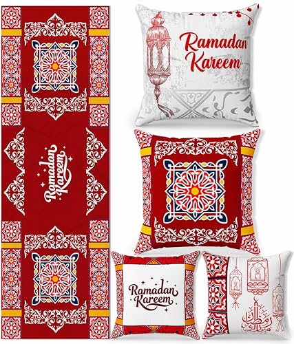 OLEEK Ramadan Decorations for Home 2026 Set -4 Ramadan Pillow Covers 18x18 & Ramadan Table Runner - Ramadan Table Decor - Ramdan Decor - Ramadan Decorations for Table - Ramdan Gifts - size: 18x18 inches