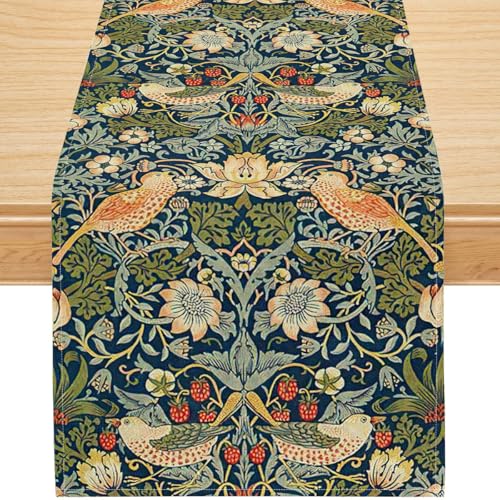 Vintage Morris Style Bird and Floral Table Runner 13x36 Inch, Small Botanical Linen Table Runner with Strawberry Motif, Victorian Style Rustic Farmhouse Table Decor, Washable - color: Morris_2, size: 13x36inch