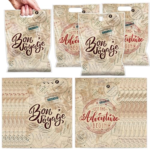 Falueqg Bon Voyage Party Favor Bags - 50 Pcs Vintage Travel Themed Goodie Candy Gift Bags Let the Adventure Begin Party Supplies for Travel World Adventure Birthday Decorations - color: Bon Voyage