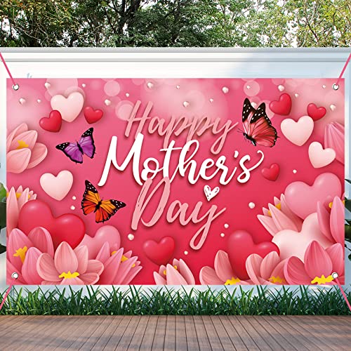 Large Happy Mother's Day Banner Decorations Mothers Day Flag Outdoor 71x44 Inch,Mom Gifts for Indoor Home House Decor Party Supplies,Yard Sign Background for Photography, Red Pink Heart Flowers - color: pink