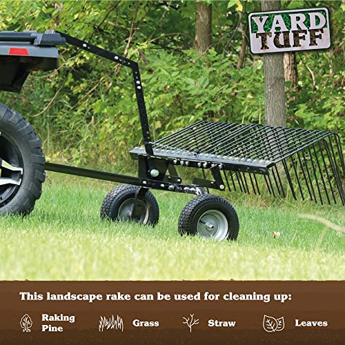 Yard Tuff Pine Straw Rake, Steel Lawn Sweeper with 24 Spring Tines, 60-Inch - Leaf Collector Attachment with Pin Hitch for ATV, UTV or Utility Tractor | Pin Hitch Fits ATV, UTV or Tractor, Adjustable Reel Arms, Lift Handle to Dump, 12 Inch Pneumatic Tires