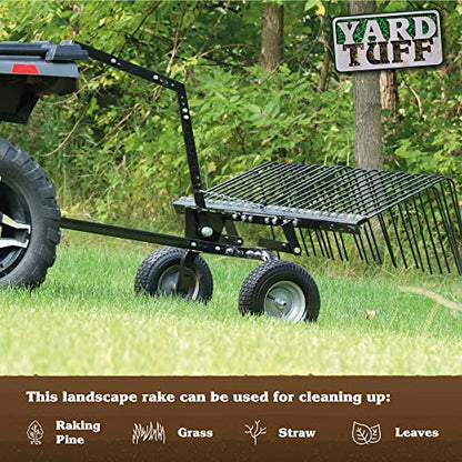 Yard Tuff Pine Straw Rake, Steel Lawn Sweeper with 24 Spring Tines, 60-Inch - Leaf Collector Attachment with Pin Hitch for ATV, UTV or Utility Tractor | Pin Hitch Fits ATV, UTV or Tractor, Adjustable Reel Arms, Lift Handle to Dump, 12 Inch Pneumatic Tires