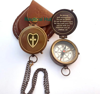Be Strong and Courageous for The Lord Engraved Brass Antique Compass with Leather Case - Joshua 1:9 Brass Pocket Compass Camping & Hiking Compass for Birthday, Anniversary, Graduation, Baptism (X)