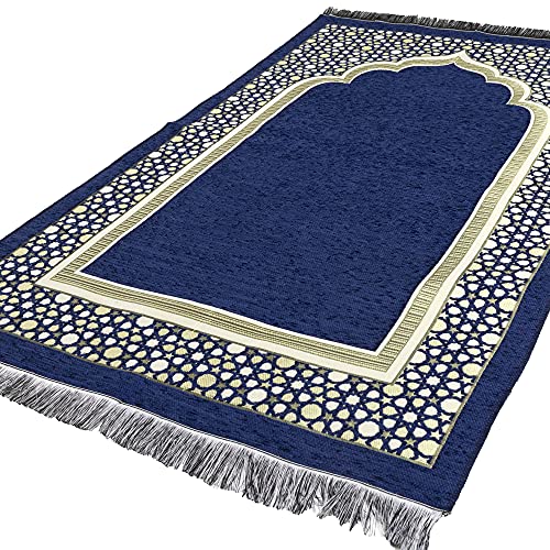 Modefa Turkish Islamic Prayer Mat - Thin Woven Chenille Sajjadah - Intricate Praying Rug Ramadan Eid Gift - Traditional Muslim Janamaz Sajada for Men Women - Geometric Selcuk Star (Royal Blue) - color: Royal Blue