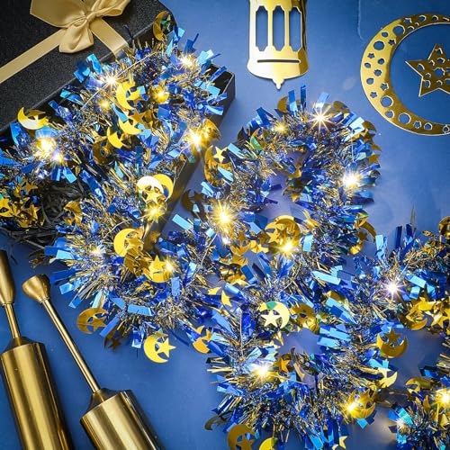 Kingdder 16.4 ft Ramadan Garland Decorations Metallic Garland with 50 LED Lights Hanging Star Crescent Moon with Light Foil Tinsel for Eid Al-adha Party Decor