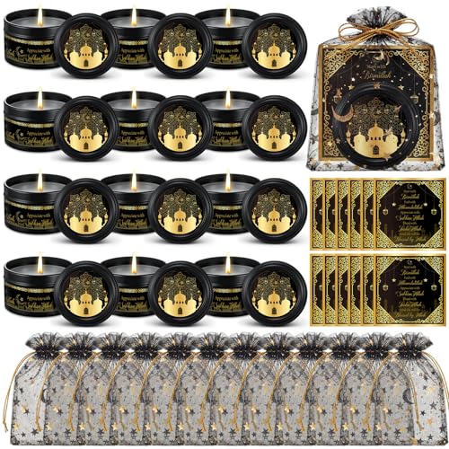 MTLEE 12 Sets Ramadan Gifts Eid Al Adha Islamic Muslim Candles with Organza Bag and Cards Eid Candles Allah Arabic Favors Ramadan Party Supplies Gifts for Muslim Islam Festival Holiday Decor(Black) - color: Black
