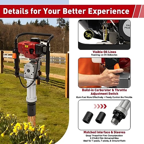 Gas Powered T-Post Driver, 1900W 52CC T Post Pounder Driver Heavy Duty Gasoline, 2-Stroke Fence Farm Push Pile Gasoline Engine Kit for Fence Post Construction Site - size: 52CC